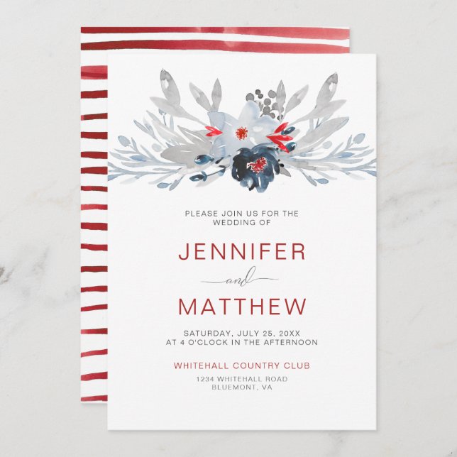Modern Red Stripes Navy Red Grey Floral Wedding | Invitation (Front/Back)