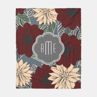 Modern Red & Tan Flowers Fleece Blanket
