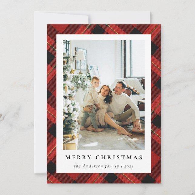 Modern Red Tartan Plaid & Family Photo Christmas Holiday Card (Front)