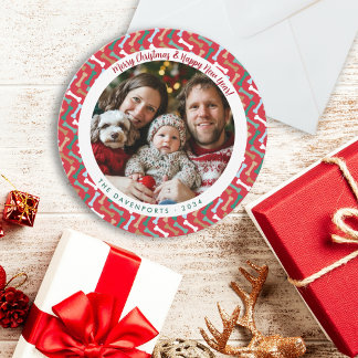 Modern Red & Teal Dog Bone Pattern Family Photo Holiday Card
