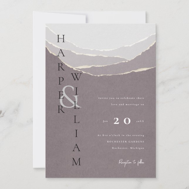 modern red torn paper mountains wedding invitation (Front)