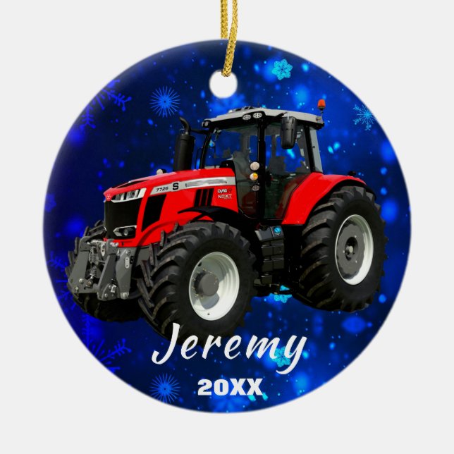 Modern Red Tractor "Christmas 20XX"  Ceramic Ornam Tree Decoration (Front)