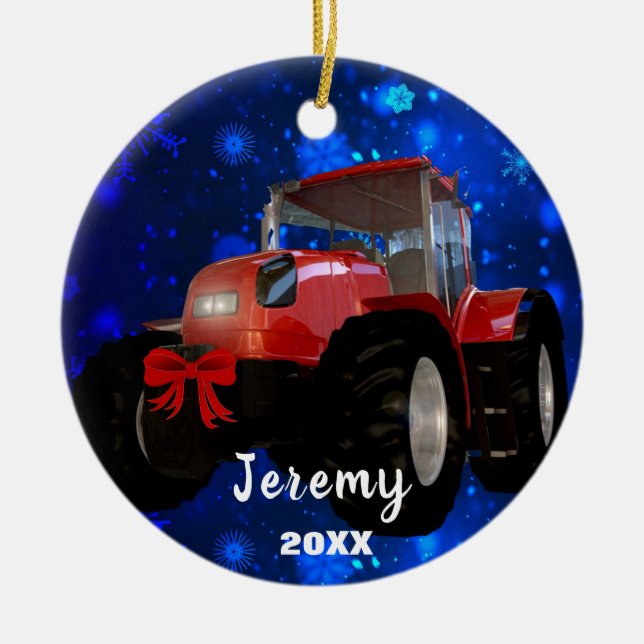 Modern Red Tractor "Christmas 20XX"  Ceramic Tree Decoration (Front)
