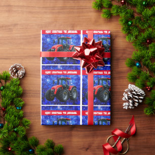 Modern Red Tractor on Blue Wrapping Paper