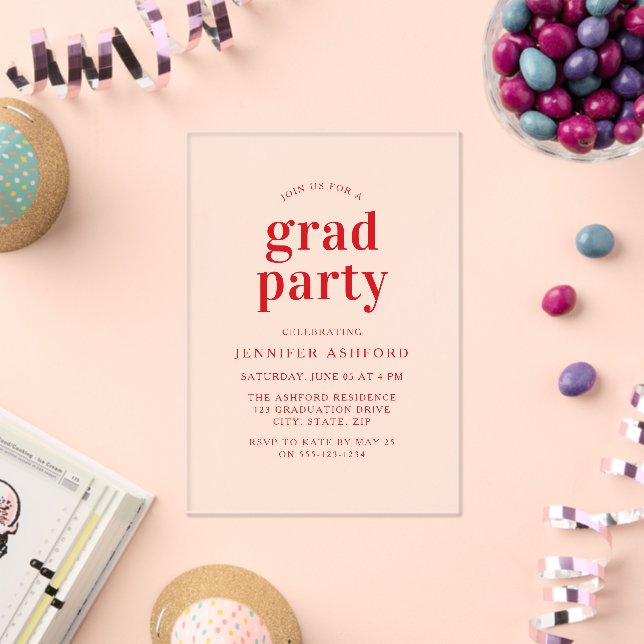Modern Red Trendy Graduation Party Acrylic Invitations (Insitu (Celebration))