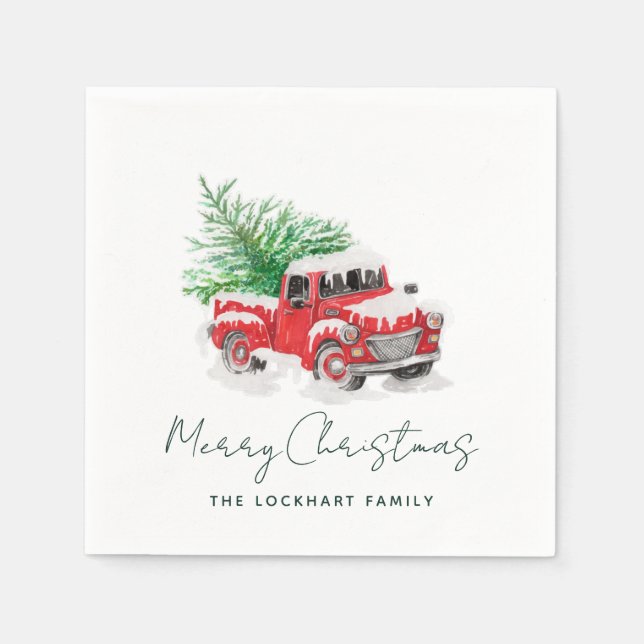 Modern Red Truck Christmas Holiday Party Paper Napkin (Front)