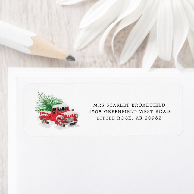 Modern Red Truck Christmas Tree Return Address (Insitu)