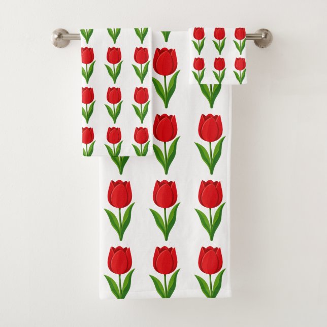Modern Red Tulip Flower Pattern on White Bath Towel Set (Insitu)