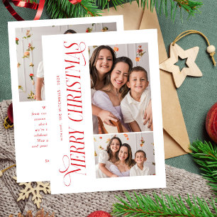 Modern Red Typography Merry Christmas 3 Photo Holiday Card