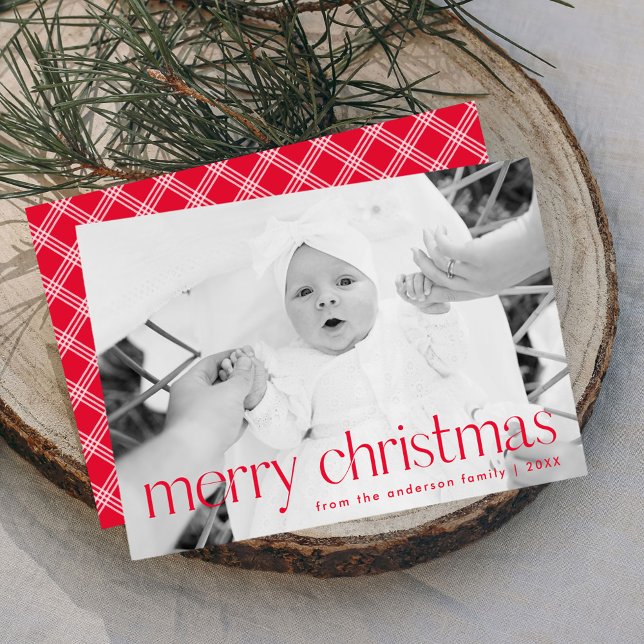 Modern Red Typography Merry Christmas Photo Holiday Card (Creator Uploaded)