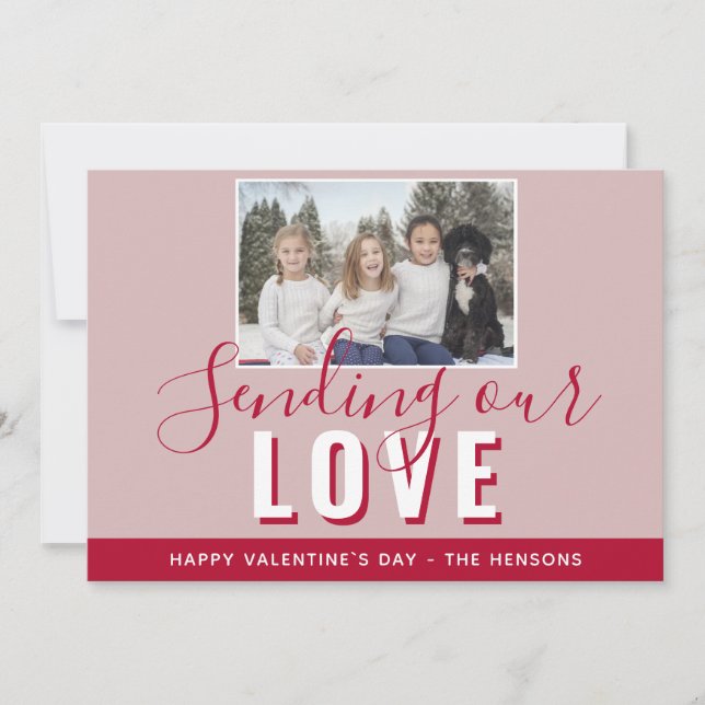 Modern Red Valentine`s Day Script Family Photo Holiday Card (Front)
