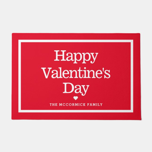 Modern Red Valentines Day Family Name Doormat (Front)