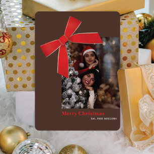 Modern Red Velvet Bow Photo Christmas Card