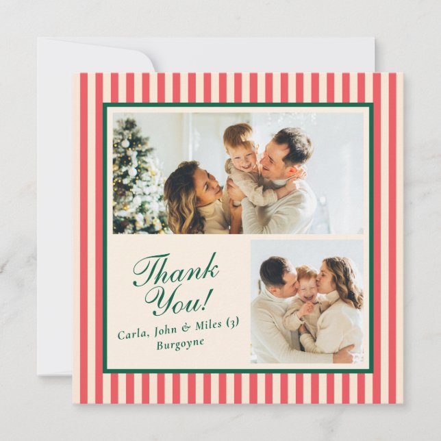 Modern Red Vertical Stripe 2 Photo Thank You Card (Front)