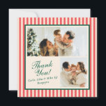 Modern Red Vertical Stripe 2 Photo Thank You Card<br><div class="desc">Small cream and coral red vertical stripes give this two photo holiday thank you card a modern and chic vibe when paired with classic fonts in forest green. The coordinated backer features a longer custom message and calligraphy font for a signature line.</div>