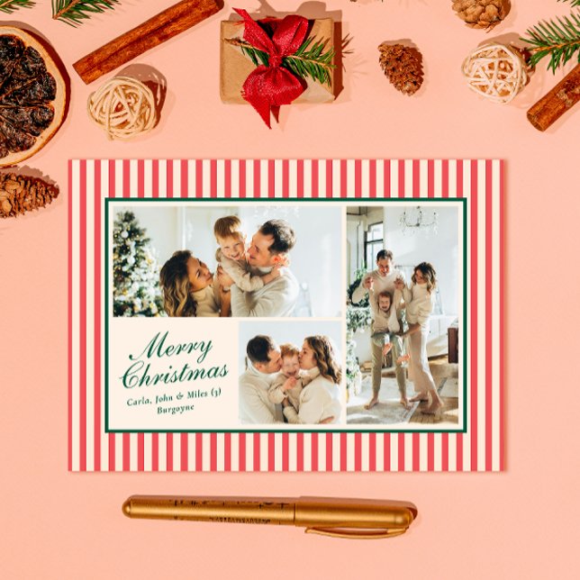 Modern Red Vertical Stripe 3 Photo Christmas Holiday Card (Creator Uploaded)