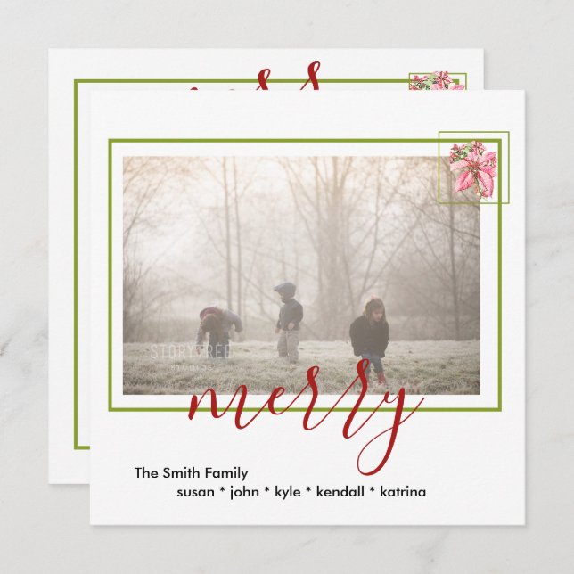 Modern Red Vintage Merry Poinsettia Holiday Card (Front/Back)