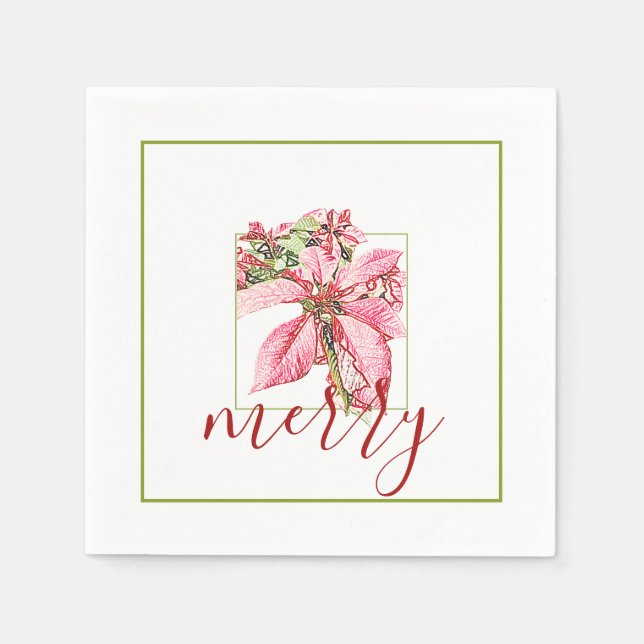 Modern Red Vintage Merry Poinsettia Holiday  Napkin (Front)