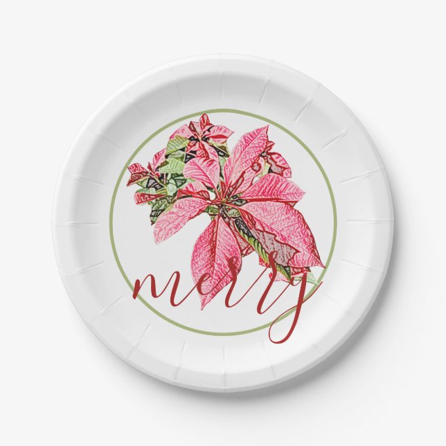 Modern Red Vintage Merry Poinsettia Holiday  Paper Plate (Front)
