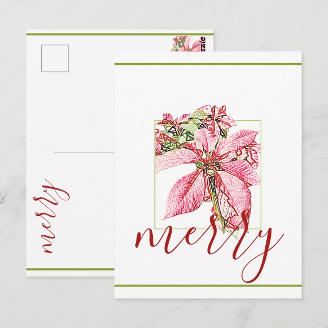 Modern Red Vintage Merry Poinsettia Holiday  Postcard (Front/Back)