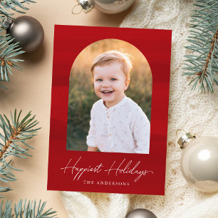 Modern Red Watercolor Arch Photo Holiday Card
