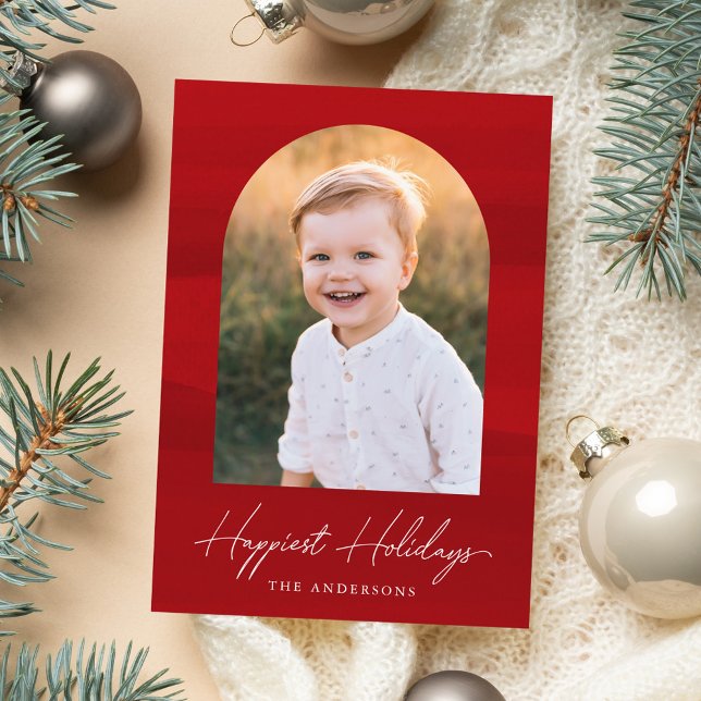 Modern Red Watercolor Arch Photo Holiday Card (Creator Uploaded)