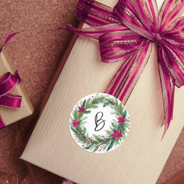 Modern Red Watercolor Christmas Wreath Monogram Classic Round Sticker (Creator Uploaded)