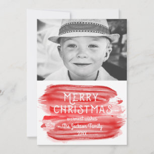 Modern Red Watercolor Merry Christmas Photo Holiday Card