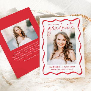Modern Red Wavy Frame 2 Photo Graduation Announcement