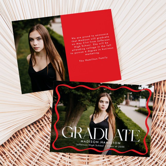 Modern Red Wavy Frame Graduate 2 Photo Graduation Announcement (Creator Uploaded)