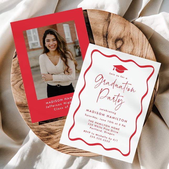 Modern Red Wavy Frame Photo Graduation Party Invitation (Creator Uploaded)