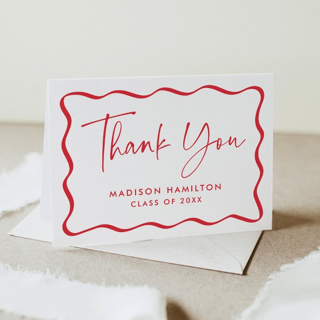 Modern Red Wavy Frame Photo Graduation Thank You Card (Creator Uploaded)