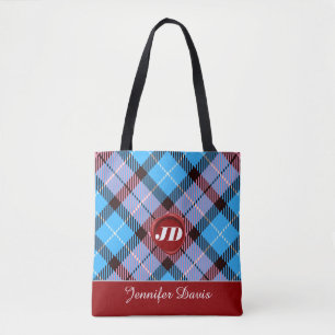 Modern Red Wax Monogram Script Name Plaid Tartan Tote Bag