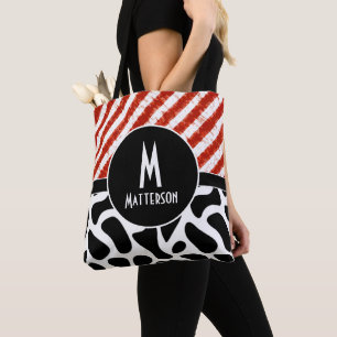 Modern Red White Black Pattern Monogram Custom Tote Bag