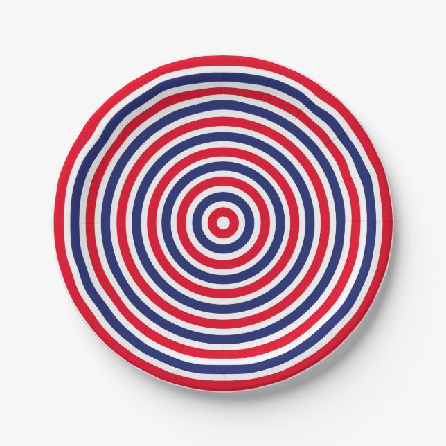 Modern red white blue circular stripes pattern fun paper plate (Front)