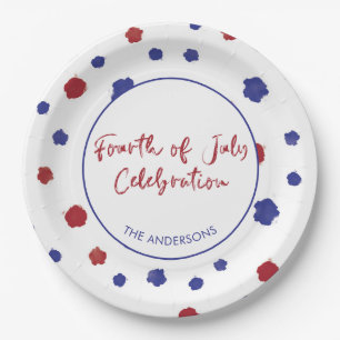Modern Red White Blue Dots 4th July BBQ Party Paper Plate
