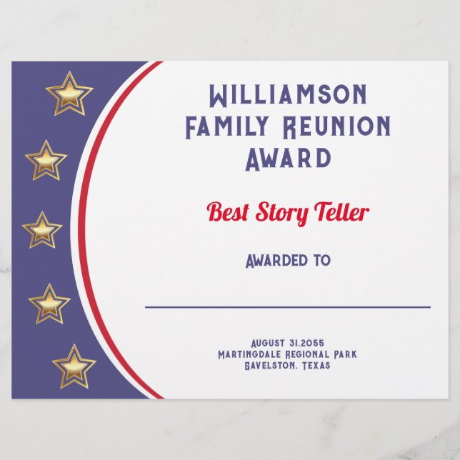 Modern Red White Blue Family Reunion Award Custom Letterhead (Front)