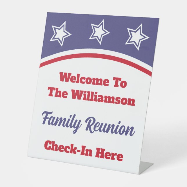 Modern Red White Blue Family Reunion Pedestal Sign (Front)