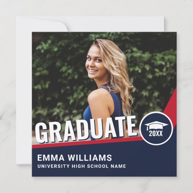 Modern Red White Blue | Photo Graduate Graduation Invitation (Front)