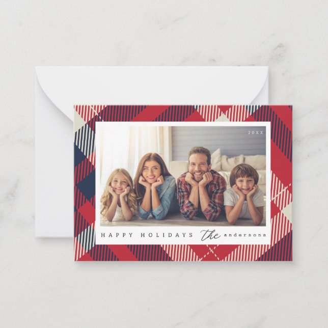 Modern Red White Blue Plaid Christmas Family Photo Card (Front)