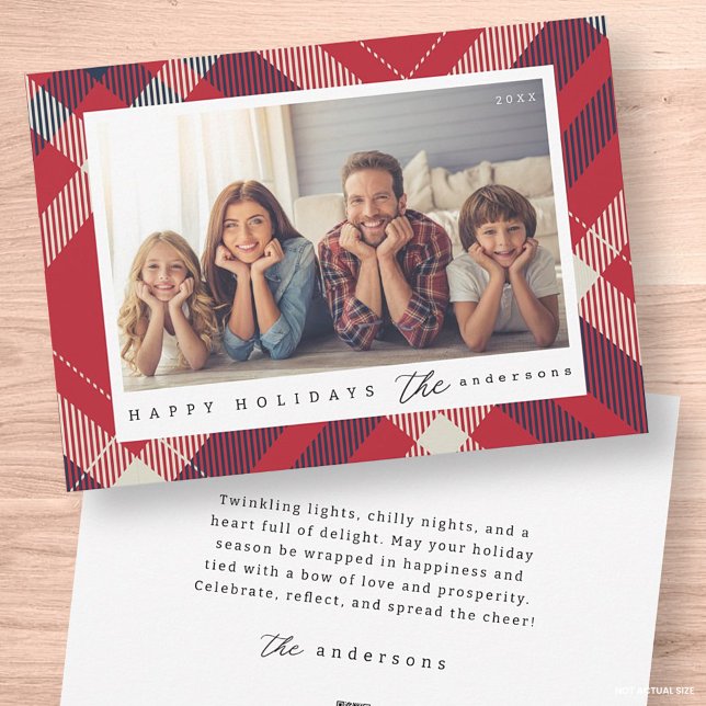 Modern Red White Blue Plaid Christmas Family Photo Holiday Card (Creator Uploaded)