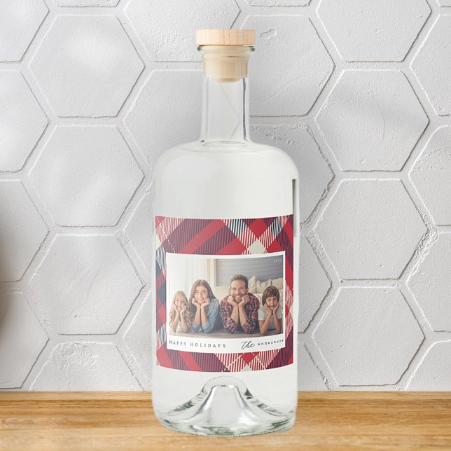 Modern Red White Blue Plaid Christmas Family Photo Liquor Bottle Label (Creator Uploaded)