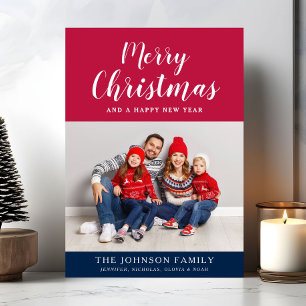 Modern Red White Blue Script Merry Christmas  Holiday Card