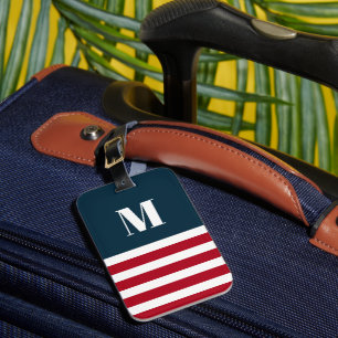 Modern Red White Blue Stripes Bold Monogram Luggage Tag