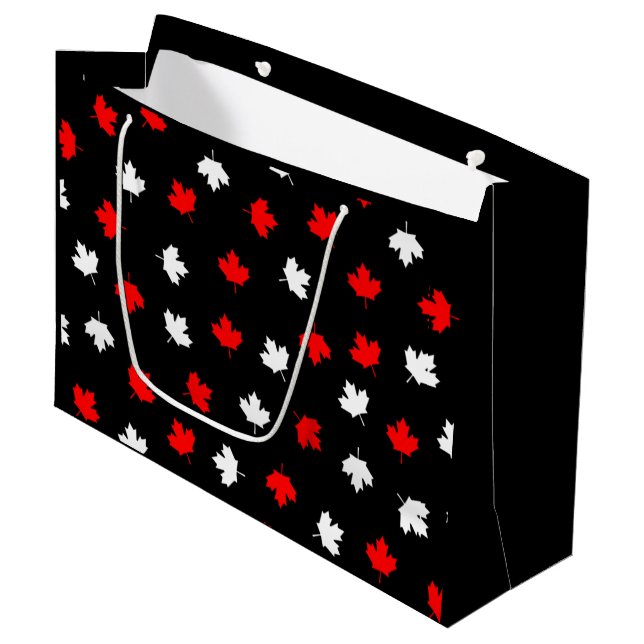 Modern Red White Canada Maple Leaf Black Pattern Large Gift Bag (Front Angled)