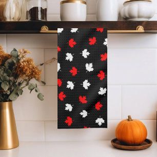 Modern Red White Canada Maple Leaf Black Pattern Tea Towel
