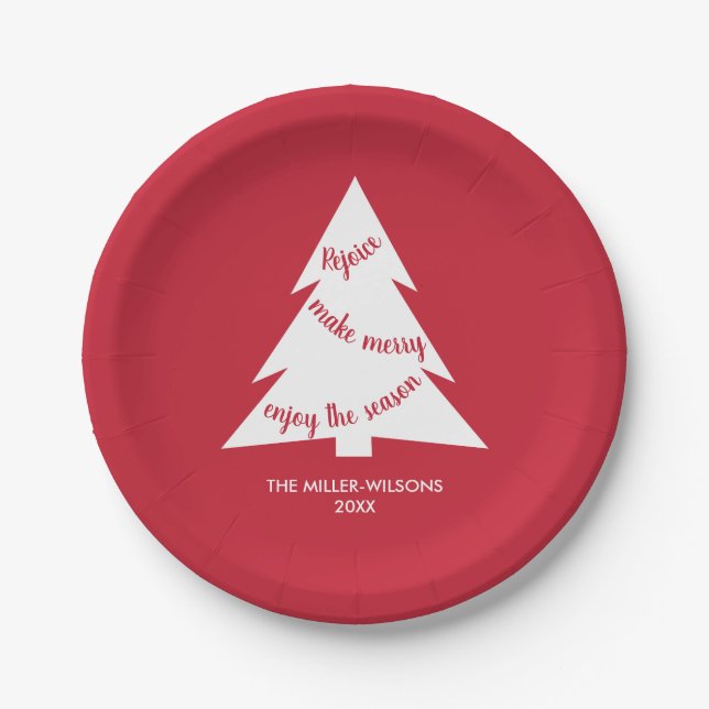 Modern Red White Christmas Tree Name Holiday Party Paper Plate (Front)