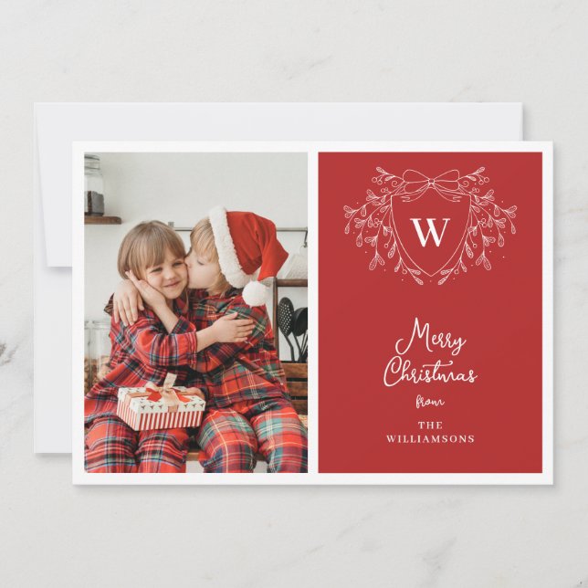 Modern red & white classy crest 2 photos holiday card (Front)