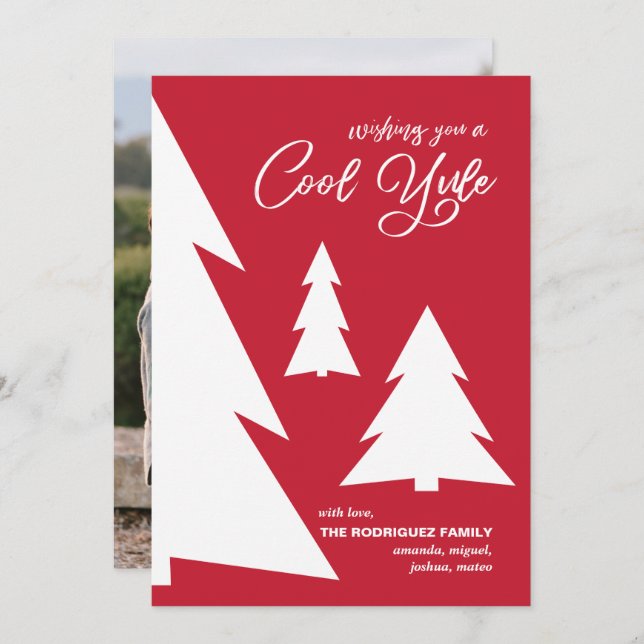 Modern Red White Cool Yule Script Trees Photo Holiday Card (Front/Back)