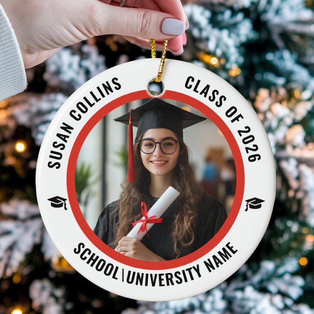 Modern Red & White Custom Photo Graduation Ceramic Tree Decoration (Creator Uploaded)